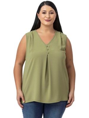 Disentis Modest Büyük Beden Kaplama Düğme Detaylı Kolsuz V Yaka Çağla Yeşili Bluz