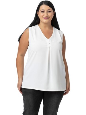 Disentis Modest Büyük Beden Kaplama Düğme Detaylı Kolsuz V Yaka Beyaz Bluz