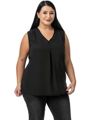 Disentis Modest Büyük Beden Kaplama Düğme Detaylı Kolsuz V Yaka Siyah Bluz