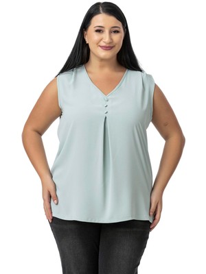 Disentis Modest Büyük Beden Kaplama Düğme Detaylı Kolsuz V Yaka Mint Yeşili Bluz