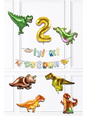 Pekshop Dinazor Tema Doğum Günü Balon Zinciri Seti Yaş Doğum Günü 6lı Dinozor Balon Banner Seti
