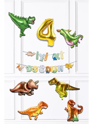 Pekshop Dinazor Tema Doğum Günü Balon Zinciri Seti Yaş Doğum Günü 6lı Dinozor Balon Banner Seti
