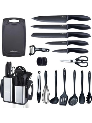 Valletta Solozzo 18 Parça Paslanmaz Çelik Bıçak Seti Silikon Spatula Mutfak Seti Siyah