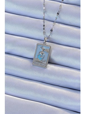 Clariss 316L Çelik Zincir Gümüş Renk Mavi Mineli Tarot Kolye