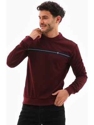 Piyera Erkek Vişne Renk Mare Jaker Kumaş Bisiklet Yaka Uzun Kol Gögüste Şerit Nakış Sweatshirt - 7657