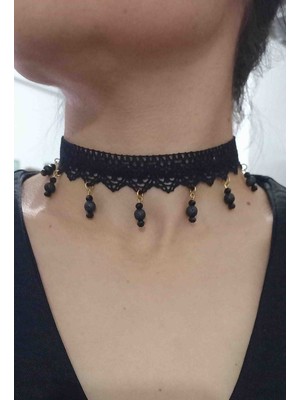 Bng Jewell Dantel Gotik Siyah  Doğaltaşlı Tasma Choker Kolye