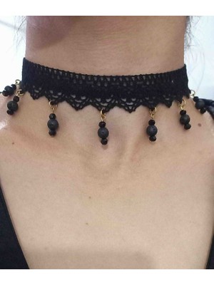 Bng Jewell Dantel Gotik Siyah  Doğaltaşlı Tasma Choker Kolye