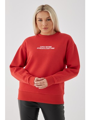 Fashion Friends Pamuklu Oversize Bisiklet Yaka Baskılı Örme Sweat Bayan Sweat 24K0842K1