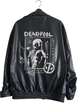 Fuddy Moda Oversize Deadpool Baskılı Streetwear Siyah Astarlı Deri Ceket,  Marvell Baskılı Deri Ceket