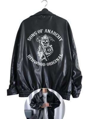 Fuddy Moda Oversize Sons Of Anarchy Baskılı Streetwear Siyah Astarlı Deri Ceket,  Soa Baskılı Deri Ceket