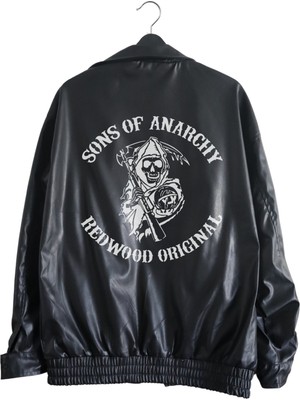 Fuddy Moda Oversize Sons Of Anarchy Baskılı Streetwear Siyah Astarlı Deri Ceket,  Soa Baskılı Deri Ceket