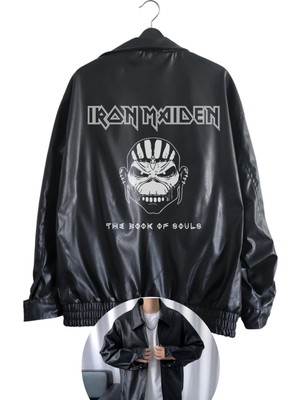 Fuddy Moda Oversize Iron Maiden Baskılı Streetwear Siyah Astarlı Deri Ceket,  Rock Baskılı Deri Ceket