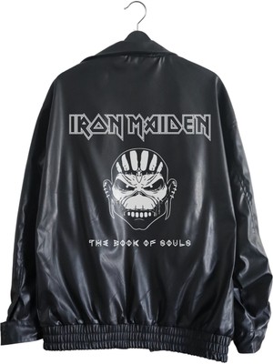 Fuddy Moda Oversize Iron Maiden Baskılı Streetwear Siyah Astarlı Deri Ceket,  Rock Baskılı Deri Ceket