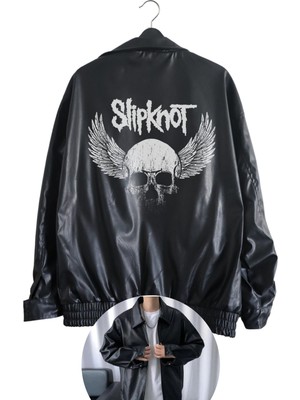 Fuddy Moda Oversize Slipknot Baskılı Streetwear Siyah Astarlı Deri Ceket,  Rock Metal Baskılı Deri Ceket