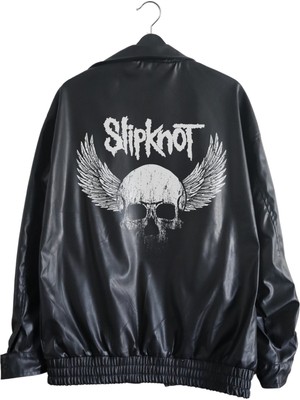 Fuddy Moda Oversize Slipknot Baskılı Streetwear Siyah Astarlı Deri Ceket,  Rock Metal Baskılı Deri Ceket