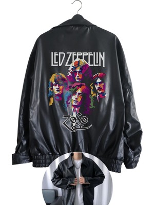 Fuddy Moda Oversize LED Zeppelin Baskılı Streetwear Siyah Astarlı Deri Ceket,  Rock Baskılı Deri Ceket