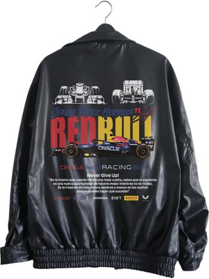 Fuddy Moda Oversize Redbull Team Baskılı Streetwear Siyah Astarlı Deri Ceket, Formula 1 Baskılı Deri Ceket