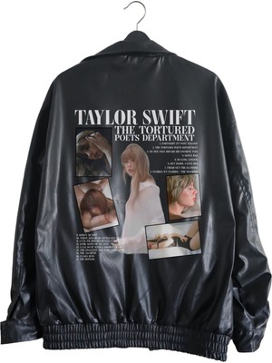 Fuddy Moda Oversize Ttpd Baskılı Streetwear Siyah Astarlı Deri Ceket, Taylor Swift Baskılı Deri Ceket