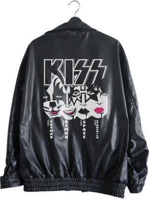 Fuddy Moda Oversize Kiss Baskılı Streetwear Siyah Astarlı Deri Ceket,  Rock Band Baskılı Deri Ceket