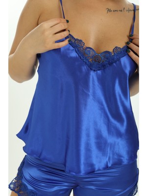 Madameste Saks Mavi Saten Babydoll Şortlu Takım - 260