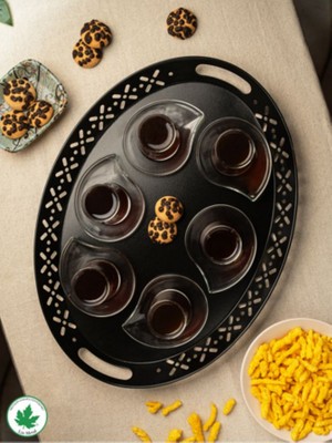 Lalin Tepsi Metal Oval Servis Tepsisi Siyah, Romantik Tepsi, Büyük Tepsi,çay Kahve Tepsisi