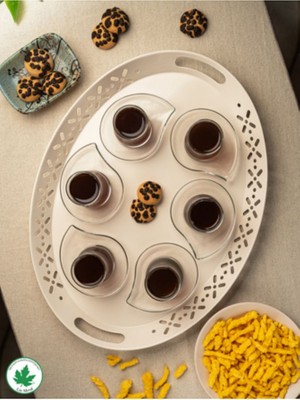 Lalin Tepsi Metal Oval Servis Tepsisi Krem, Romantik Tepsi, Büyük Tepsi,çay Kahve Tepsisi