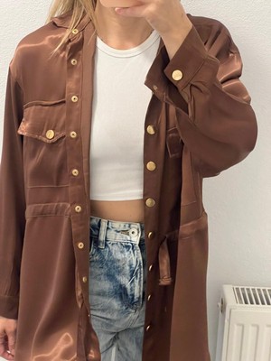 Miyu Kahve Saten Gold Düğme Gömlek