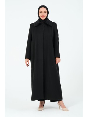 Glr & Gym Bengül Kadın Büyük Beden Astarlı Uzun Kol Siyah Kaşe Manto Düz Desenli Şık Tasarım