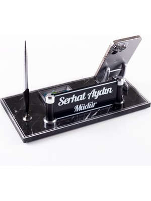 Ofistike Lyon Mermer Desen Ahşap Gümüş Renk Kalemli Masa Isimliği Ofis Masaüstü Isimlik Seti Hediye Yeni Iş