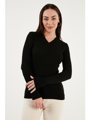 Fashion Friends Slim Fit V Yaka Fitilli Triko Kazak Bayan Kazak 24K0289K1