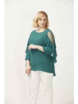 Moda Berray 28004 Yeşil Kolları Incili Büyük Beden Bluz