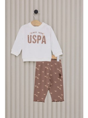 U.S. Polo Assn. Kız Çocuk 2'li Takım Pamuklu Krem Renkli Desenli Şık Tasarım
