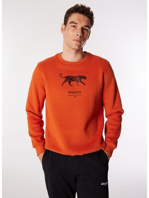 Discovery Expedition Koyu Turuncu Erkek Bisiklet Yaka Relaxed Fit Baskılı Sweatshirt D4WM-SWT3247