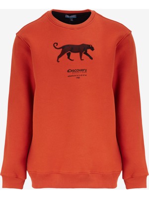 Discovery Expedition Koyu Turuncu Erkek Bisiklet Yaka Relaxed Fit Baskılı Sweatshirt D4WM-SWT3247