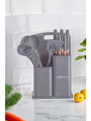 Valletta Nairobi Isıya Dayanıklı Silikon Yanmaz Yapışmaz Standlı 12 Parça Servis Seti Gri