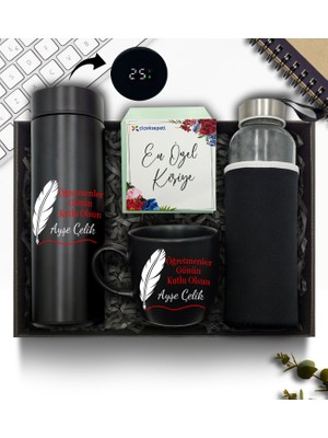As Company Öğretmenler Günü Temalı Kişiye Özel Dereceli Termos & Su Matarası & Kupa Hediye Seti