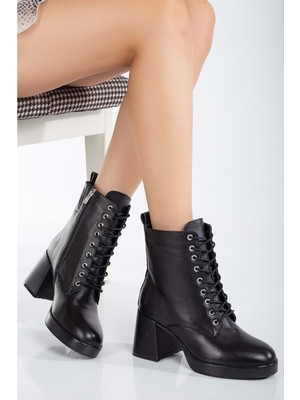 Analin Shoes Kadın  Deri Kalın Topuklu Şık Bağcıklı Bot - Siyah