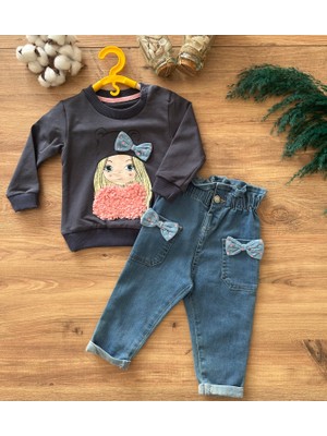 Ervuse Önü Detaylı Fiyonklu Kız Bebek Sweatshirt Pantolon Takım