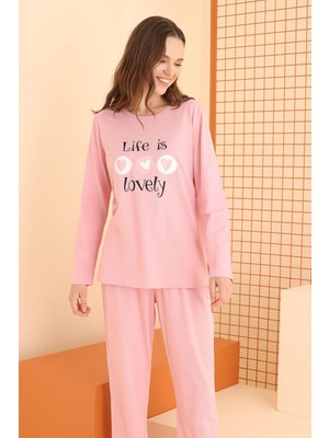 Kadın %100 Pamuklu Penye Pijama Takım, Life Is Lovely Pijama Takımı