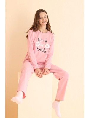 NBB Kadın %100 Pamuklu Penye Pijama Takım, Life Is Lovely Pijama Takımı