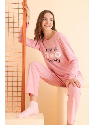 NBB Kadın %100 Pamuklu Penye Pijama Takım, Life Is Lovely Pijama Takımı