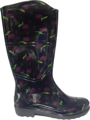 Emek Kadın Siyah Mor Laleli Bahçe Yağmur Çizmesi EMK2036-97