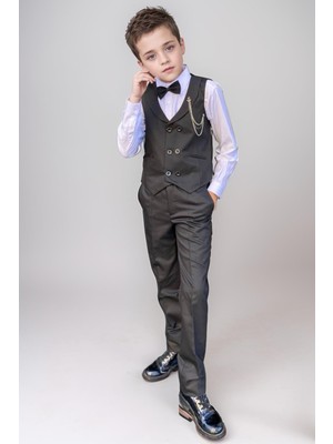 Riccotarz Erkek Çocuk Cepken Yelekli Şal Yaka Siyah Takım Elbise 5-9 Yaş