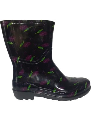 Emek Kadın Siyah-Mor Laleli Kısa Bahçe Yağmur Çizmesi EMEK036-97
