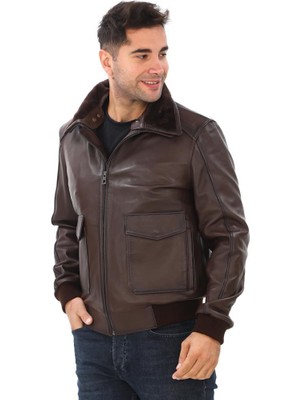 Yakası Peluşlu Model Deri Mont Fındık Renk