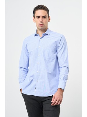 Mavi Uzun Kol Kendinden Armürlü Yarım İtalyan Cepli Pamuklu Classic Comfort Fit Gömlek 1004245210