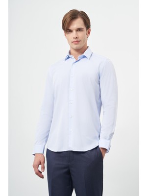 Koyu Mavi Uzun Kol Kendinden Armürlü Cepsiz Pamuklu Classic Slim Fit Gömlek 1004245202