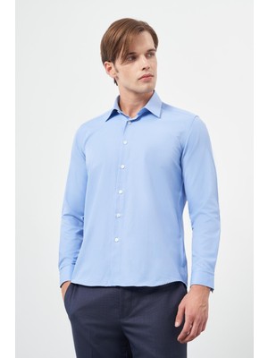 İmza Mavi Uzun Kol Düz Bez Ayağı Sert Yaka Cepsiz Pamuklu Classic Slim Fit Gömlek 1004245267