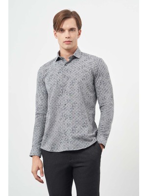 Füme Uzun Kol Yarım İtalyan Yaka Cepsiz Pamuklu Classic Slim Fit Gömlek 1004245222