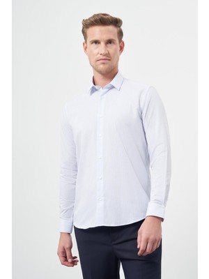 İmza Beyaz Uzun Kol Çizgili Desen Oxford Sert Yaka Cepsiz Pamuklu Classic Slim Fit Gömlek 1004245206